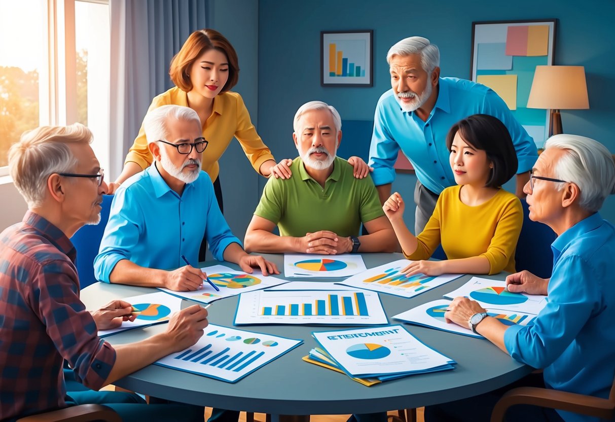 A family gathers around a table, discussing retirement planning with determined expressions. Charts and graphs are spread out, and a sense of overcoming fear is evident in their body language