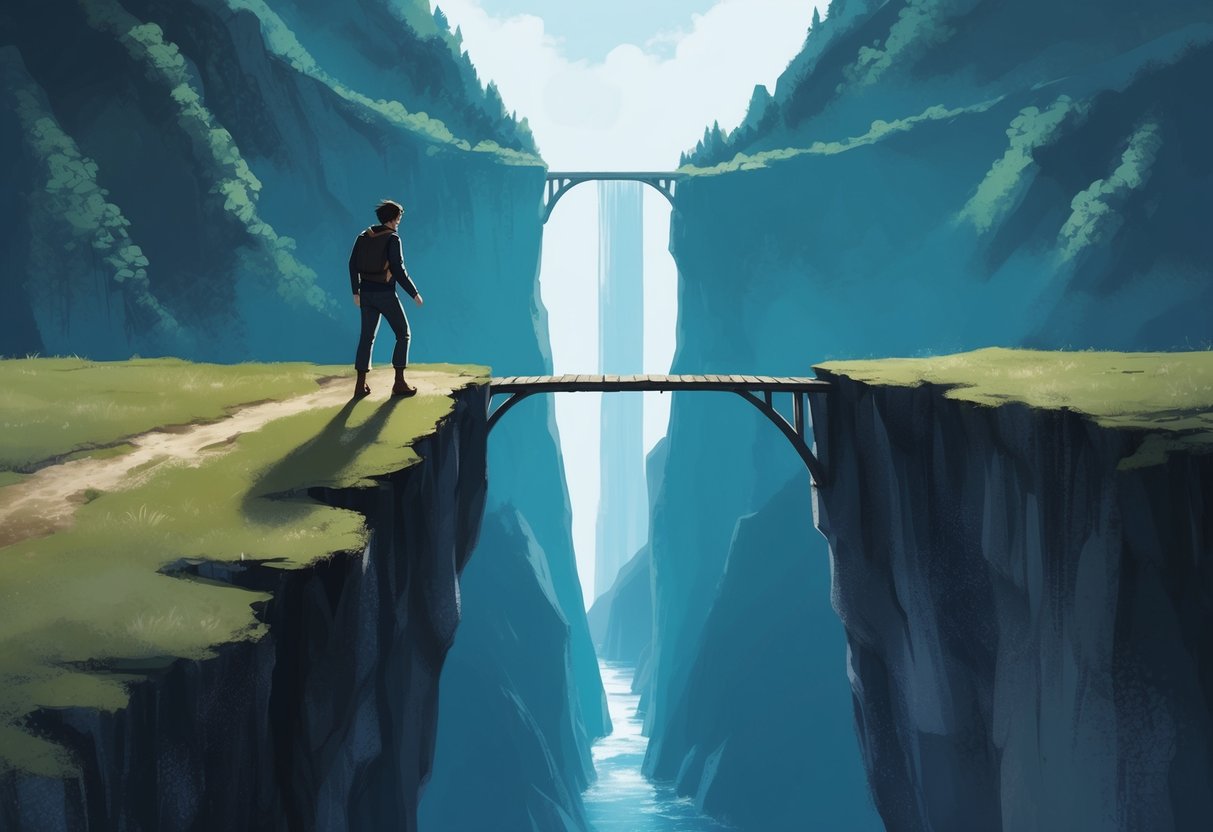 A person standing on the edge of a cliff, looking down at a deep chasm with a narrow bridge spanning the gap. The person appears hesitant but determined to cross