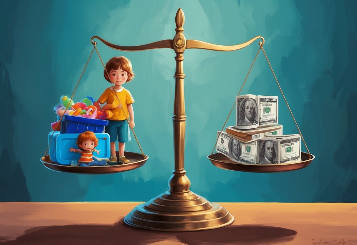 A scale with one side weighted down by children's items and the other side lifted by retirement savings
