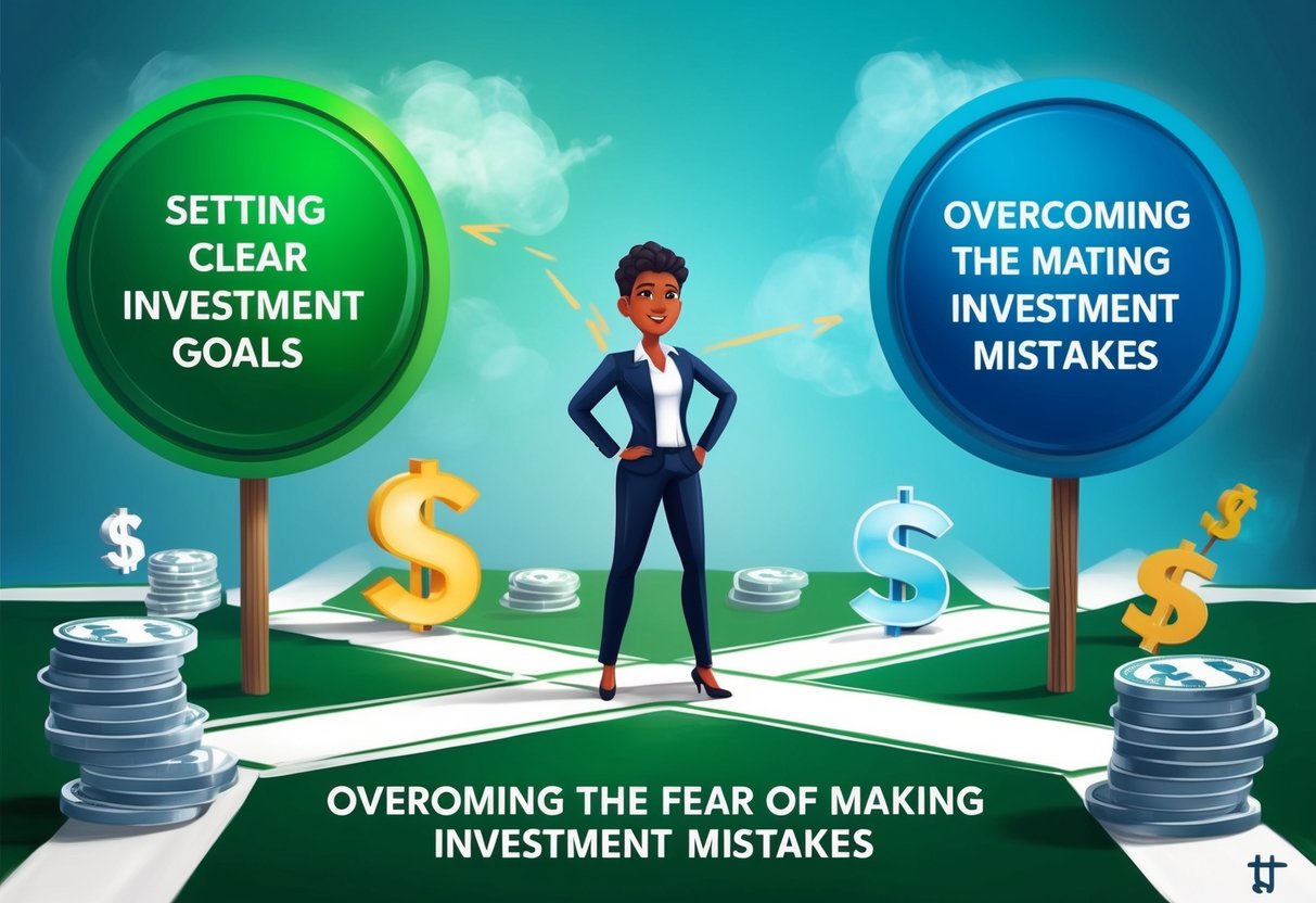A person standing confidently at a crossroads, with one path leading to "Setting Clear Investment Goals" and the other to "Overcoming the Fear of Making Investment Mistakes." The scene is surrounded by symbols of financial growth and success
