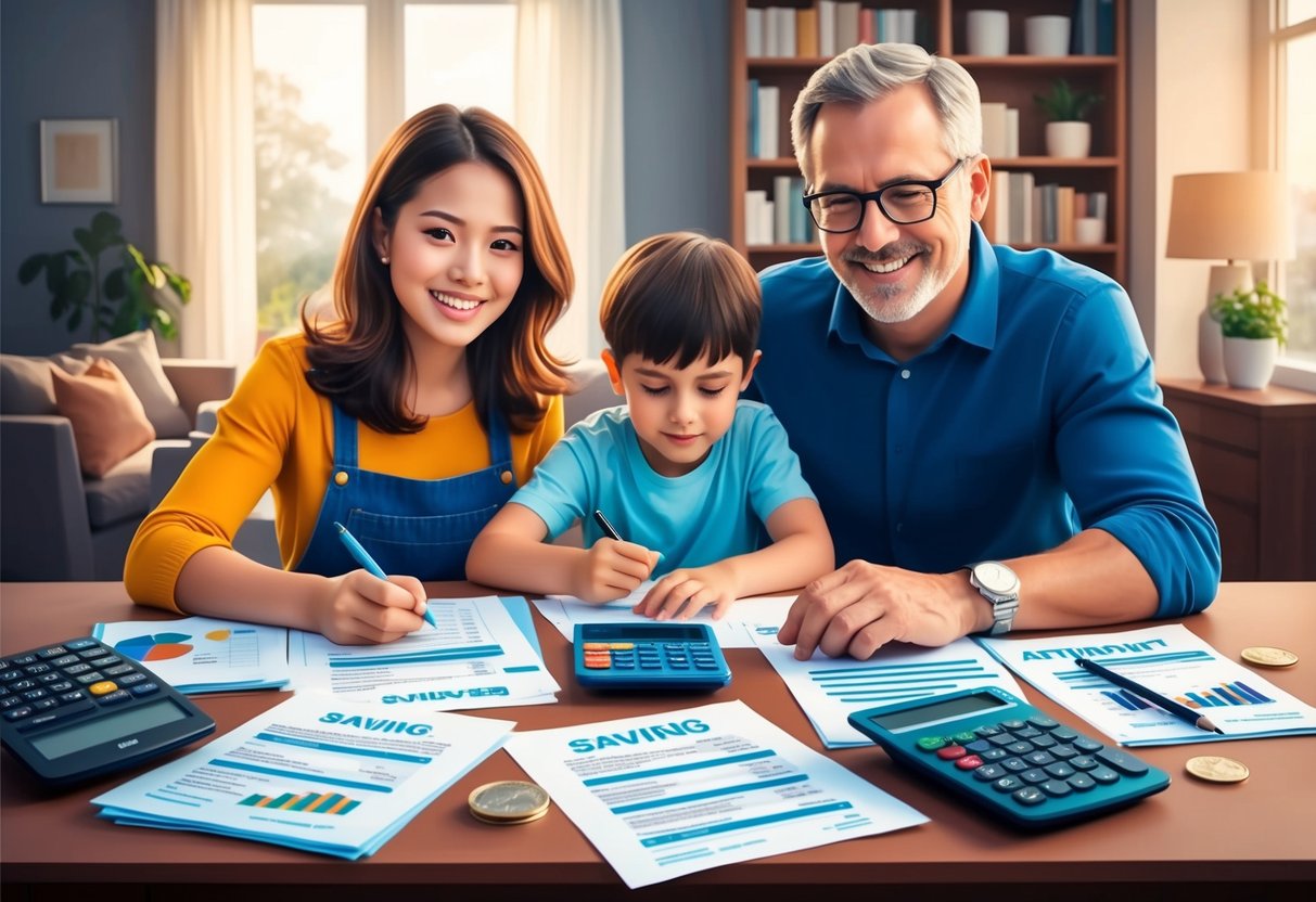 A family budgeting for kids' needs while also saving for retirement, with financial documents and calculators on a table