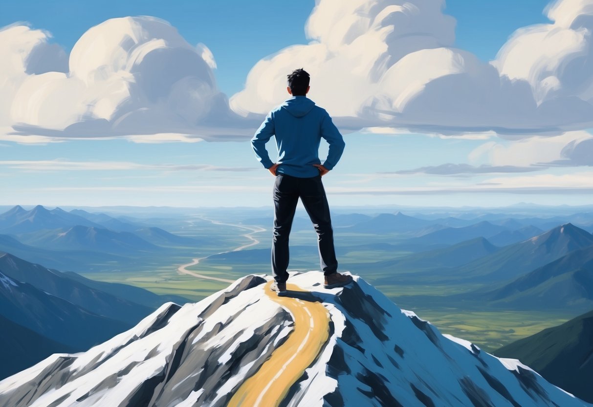 A person standing confidently on a mountain peak, looking out at a vast landscape with a clear path ahead, symbolizing overcoming fear and developing a sound investment strategy