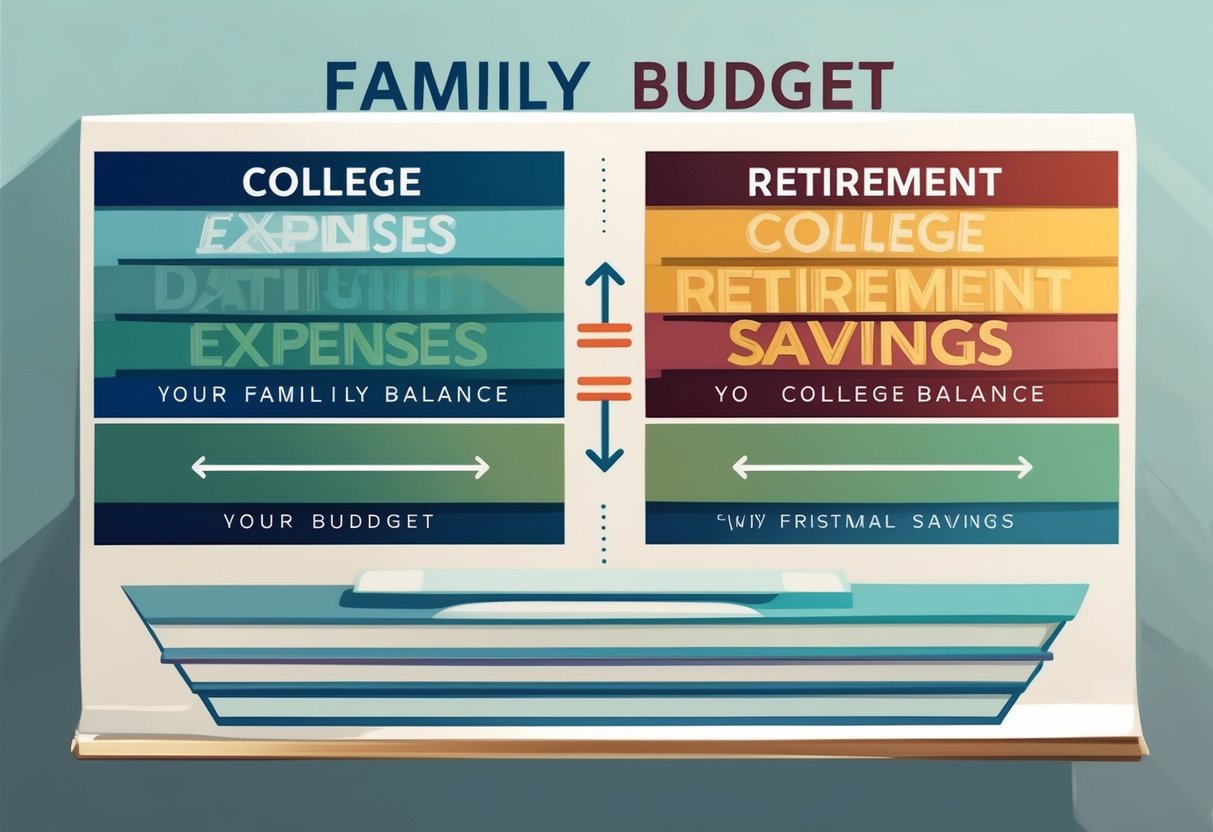 A family budget chart with sections for college expenses and retirement savings, with arrows connecting the two to show the balance between the two financial goals