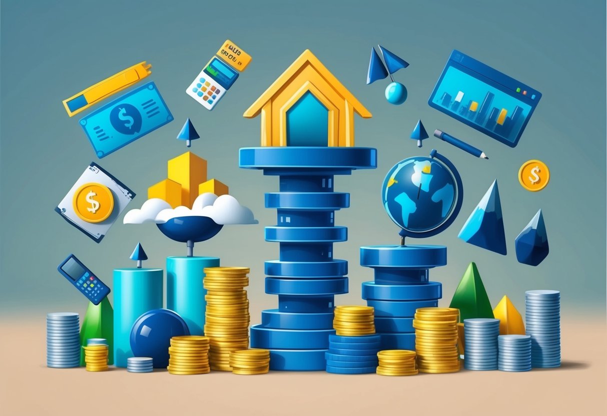 A diverse mix of financial assets and tools, including stocks, bonds, real estate, and commodities, are arranged in a balanced and stable manner, symbolizing a resilient investment portfolio