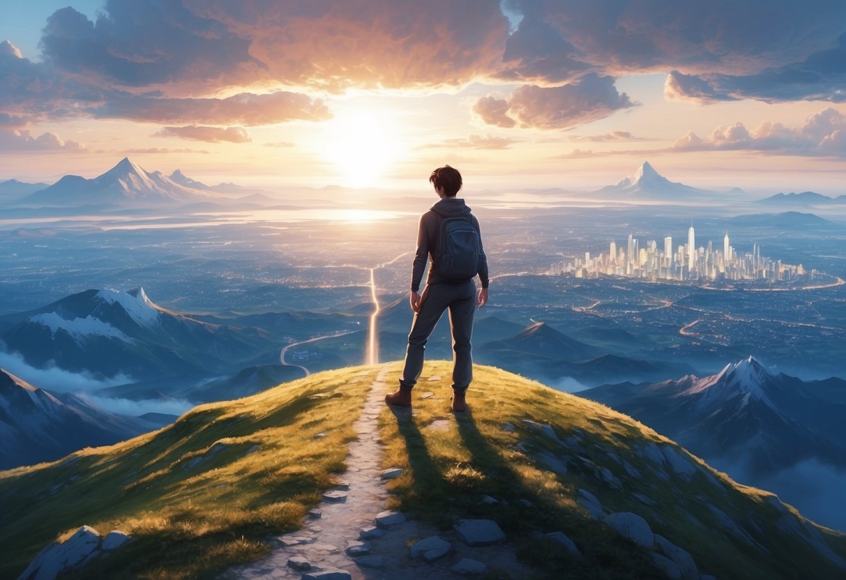 A person standing confidently on a mountain peak, looking out over a vast landscape, with a clear path leading to a shining city in the distance