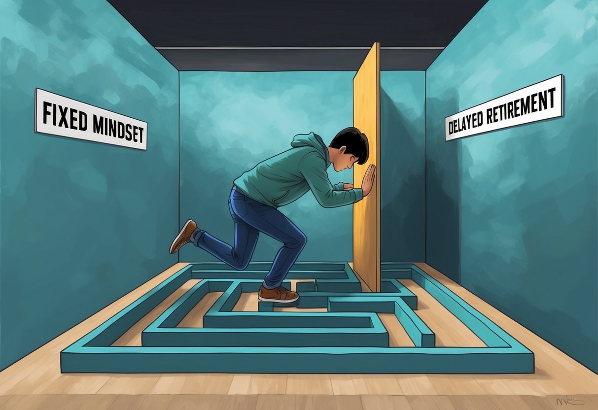 A person stuck in a maze with a dead end, surrounded by walls labeled "fixed mindset" and "delayed retirement."