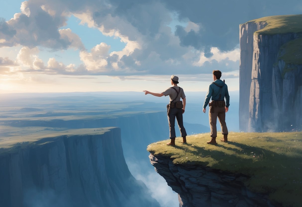 A person standing on the edge of a cliff, looking out at a vast, uncertain landscape. A guide stands beside them, pointing towards a clear path forward