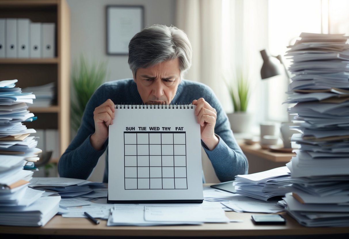 A person staring at a blank calendar with a frown, surrounded by piles of papers and a cluttered desk, looking overwhelmed and stressed about retirement planning