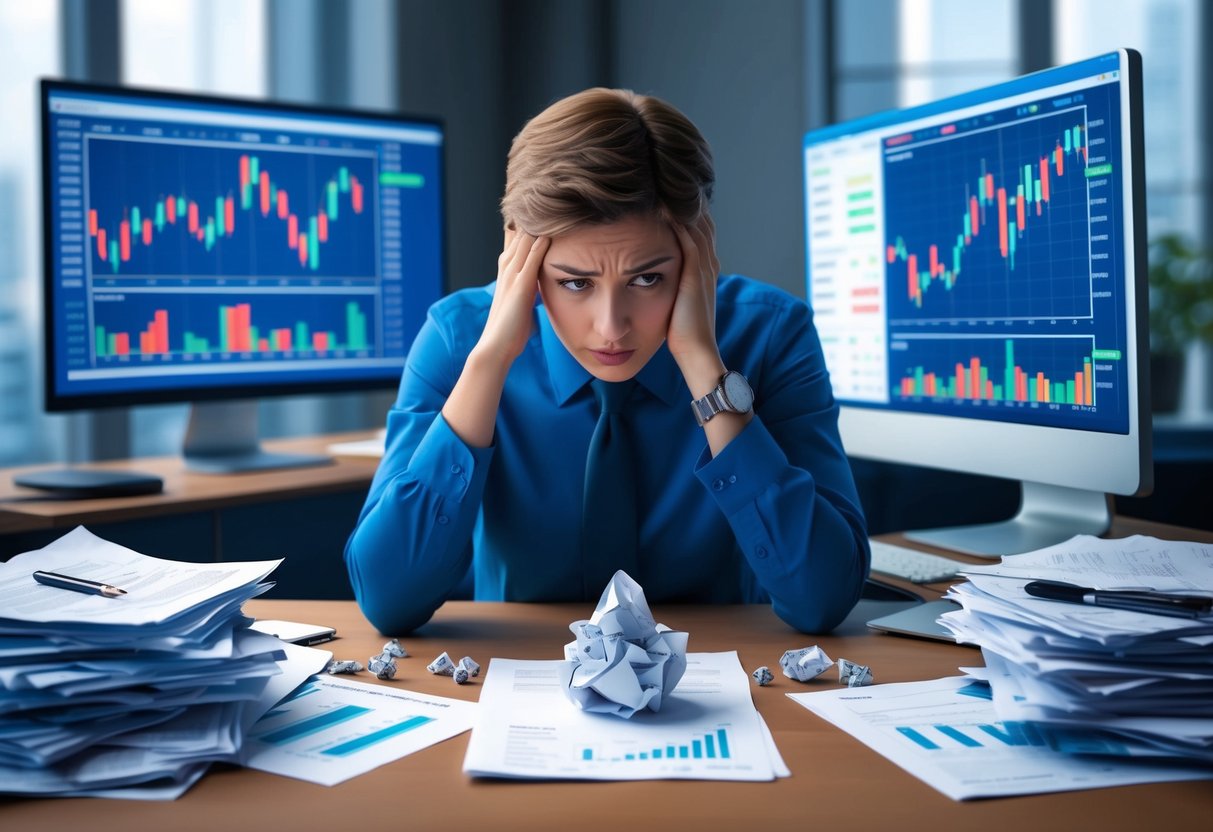A person sits at a desk with a crumpled paper in front of them, surrounded by scattered financial documents and a computer screen displaying stock market charts. They appear anxious and hesitant