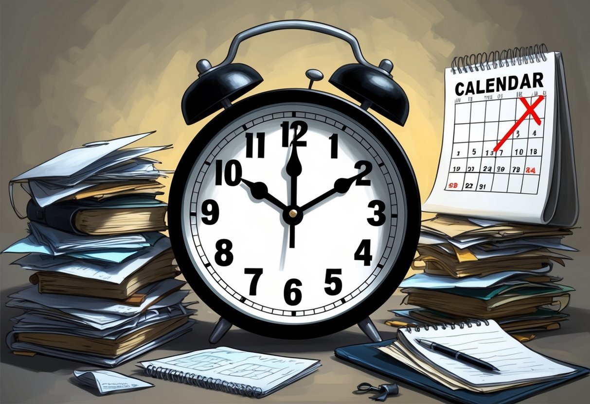 A clock with hands frozen at 5 o'clock, surrounded by a pile of unfinished work and a calendar showing a date crossed off