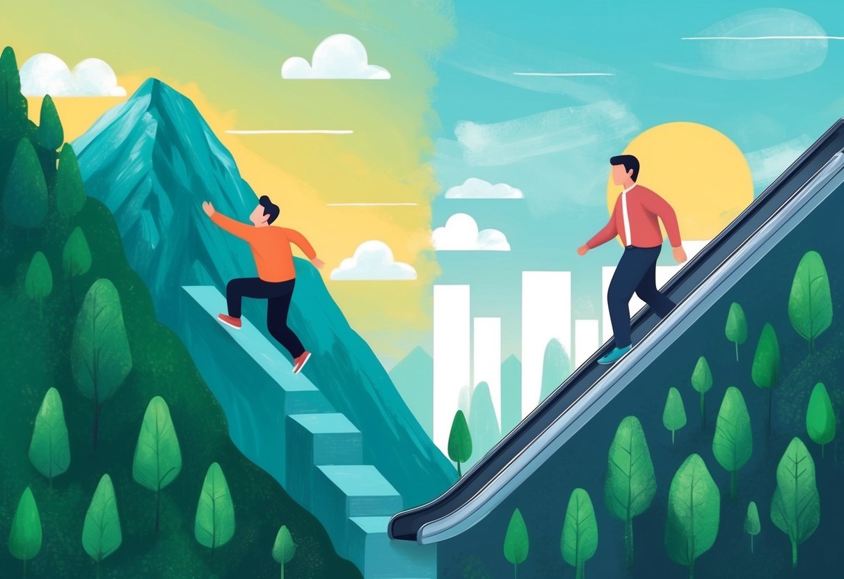 A person with a fixed mindset struggles to climb a steep mountain while a person with a growth mindset takes the escalator to reach financial security