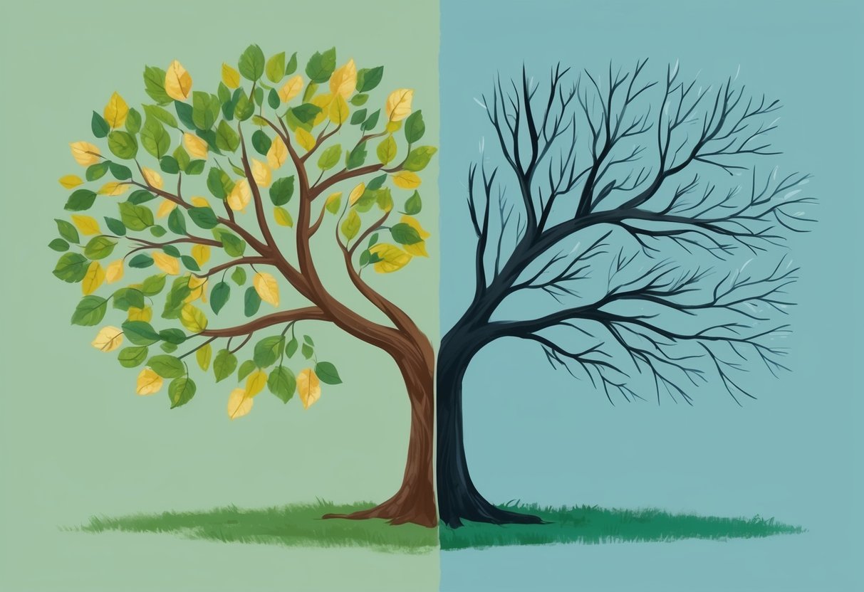 A tree with two branches: one flourishing with leaves and the other bare. The flourishing branch represents a growth mindset, while the bare branch represents a fixed mindset