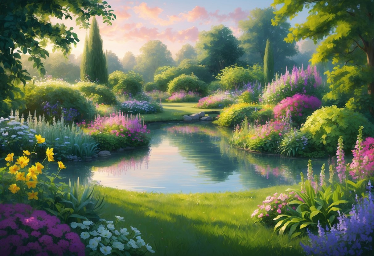 A serene garden with a peaceful pond, surrounded by vibrant flowers and lush greenery, evoking a sense of tranquility and gratitude