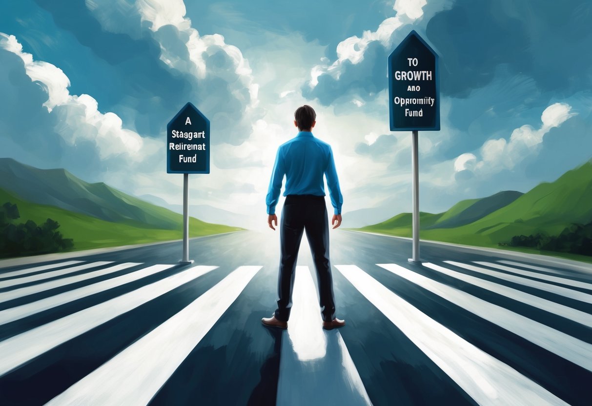 A person standing at a crossroads, one path leading to a stagnant retirement fund, the other to growth and opportunity