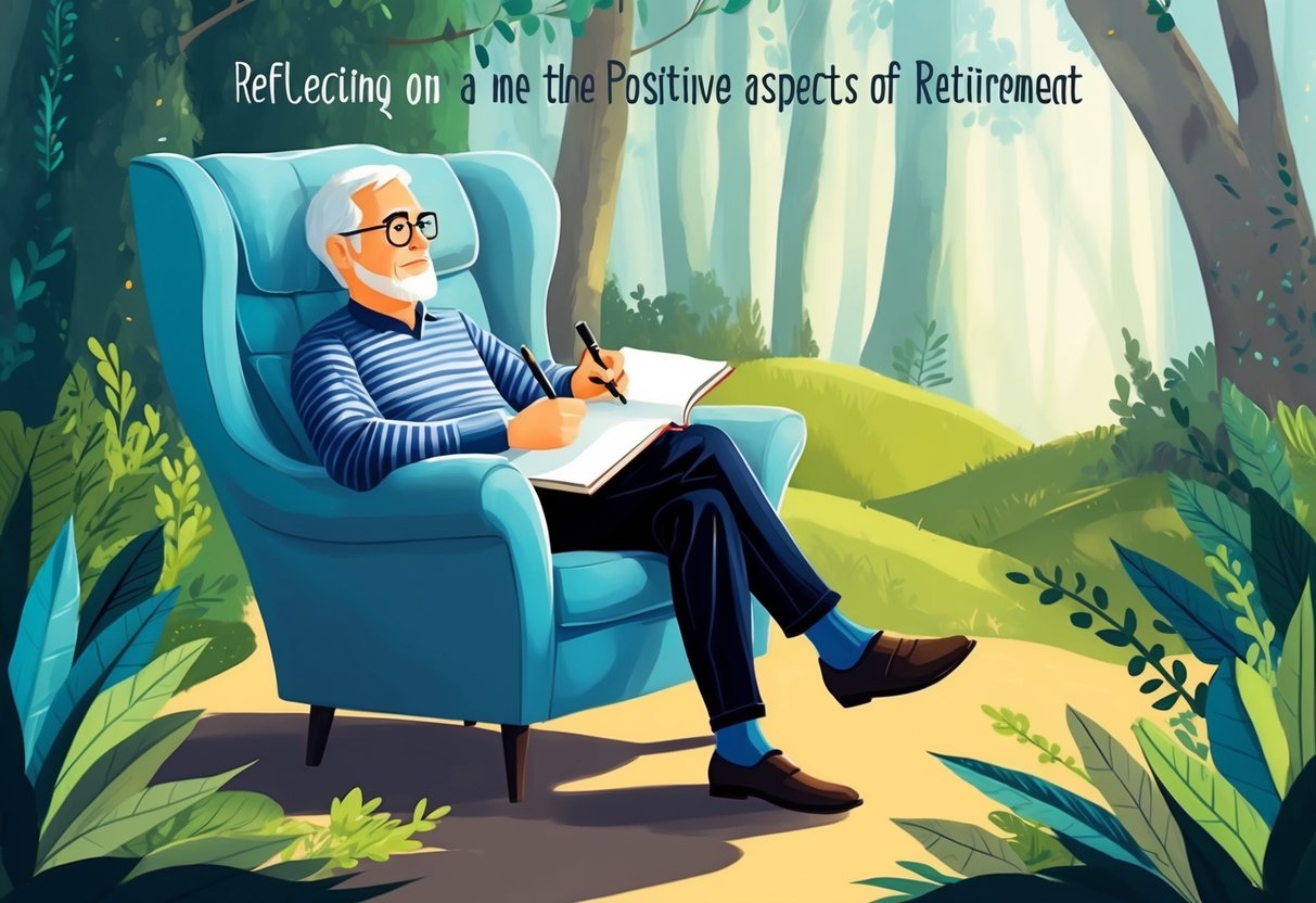 A person sitting in a comfortable chair surrounded by nature, with a journal and pen in hand, reflecting on the positive aspects of retirement