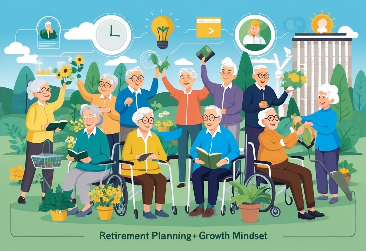 A group of elderly individuals engaging in various activities, such as gardening, reading, and exercising, while surrounded by symbols of retirement planning and growth mindset