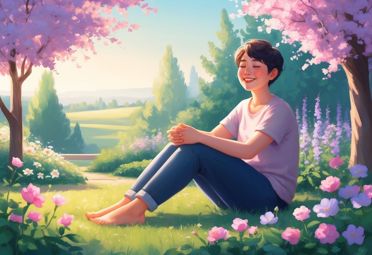 A person sitting in a peaceful garden, surrounded by blooming flowers and a serene landscape. The person is smiling and appears relaxed and content