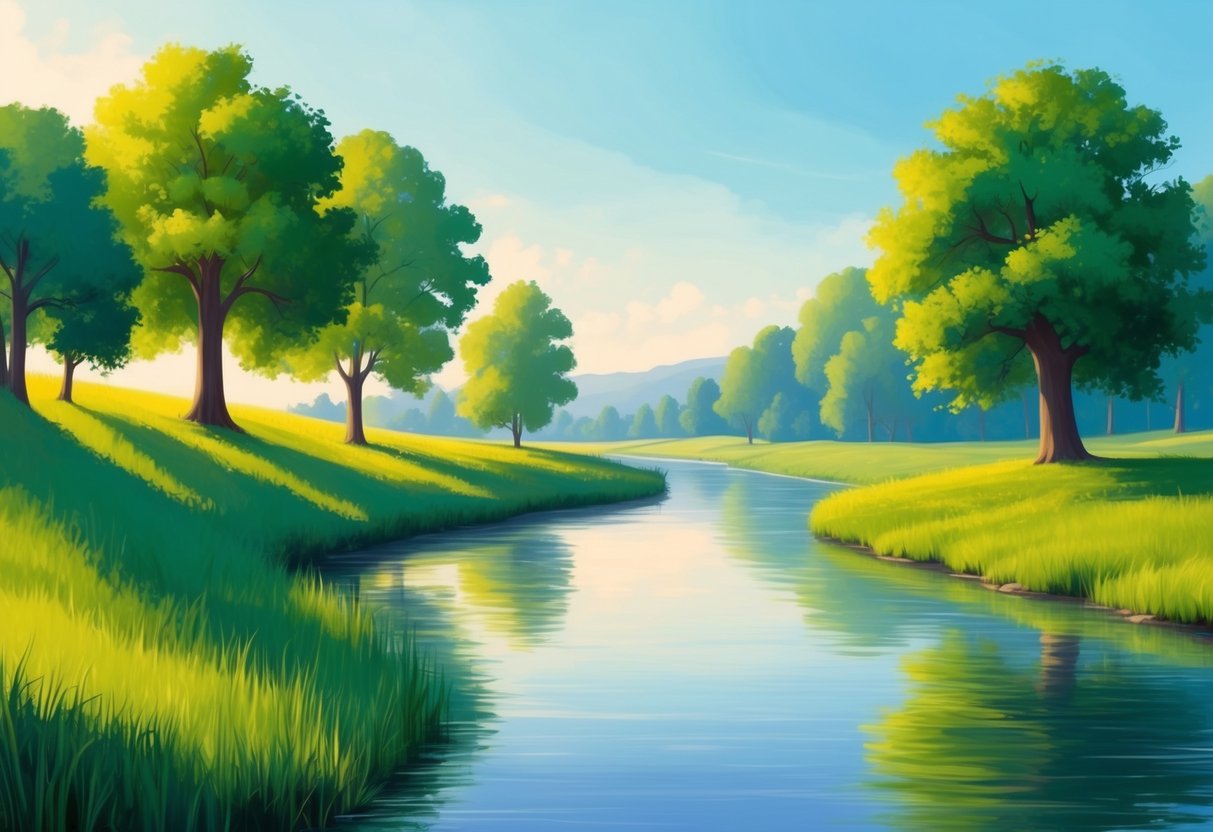 A serene landscape with a calm river, vibrant green trees, and a clear blue sky, symbolizing the peace and contentment that comes with practicing gratitude