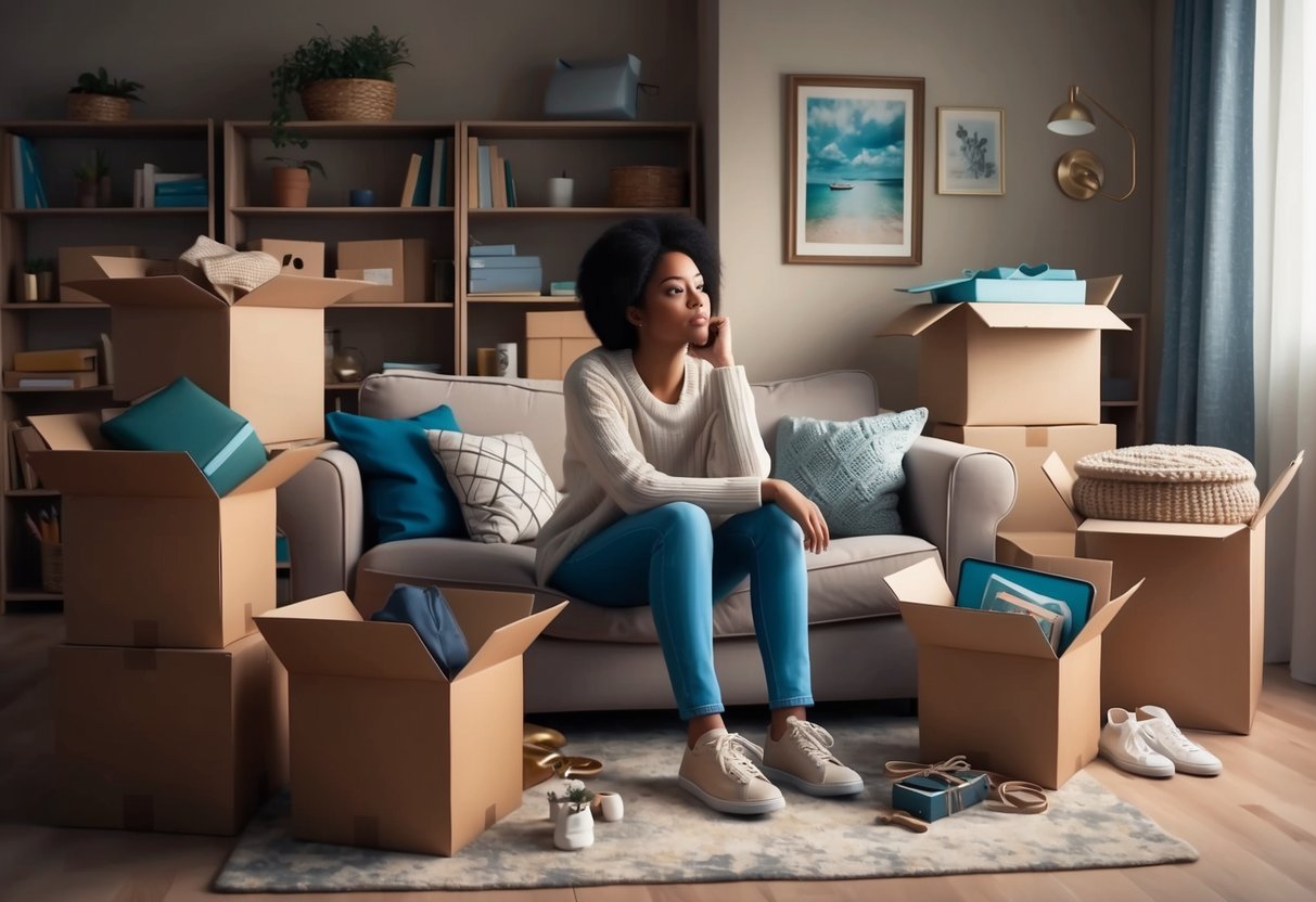 A person sitting in a cozy living room, surrounded by packed boxes and sentimental items, looking contemplative and reflective. A sense of nostalgia and the bittersweet feeling of letting go is palpable in the air
