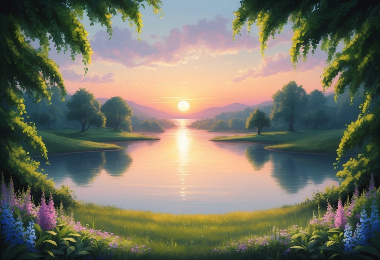A serene landscape with a sunset over a calm body of water, surrounded by lush greenery and vibrant flowers