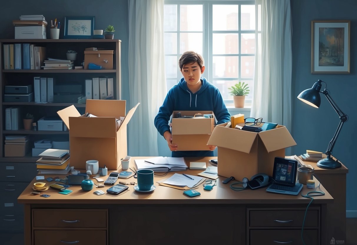 A cluttered desk with personal items being packed into boxes, while a person looks on with a mix of sadness and resignation