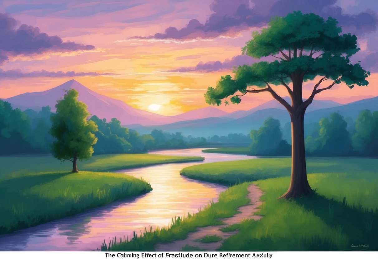 A serene landscape with a vibrant sunset, a peaceful river, and a solitary tree standing tall, symbolizing the calming effect of gratitude on retirement anxiety