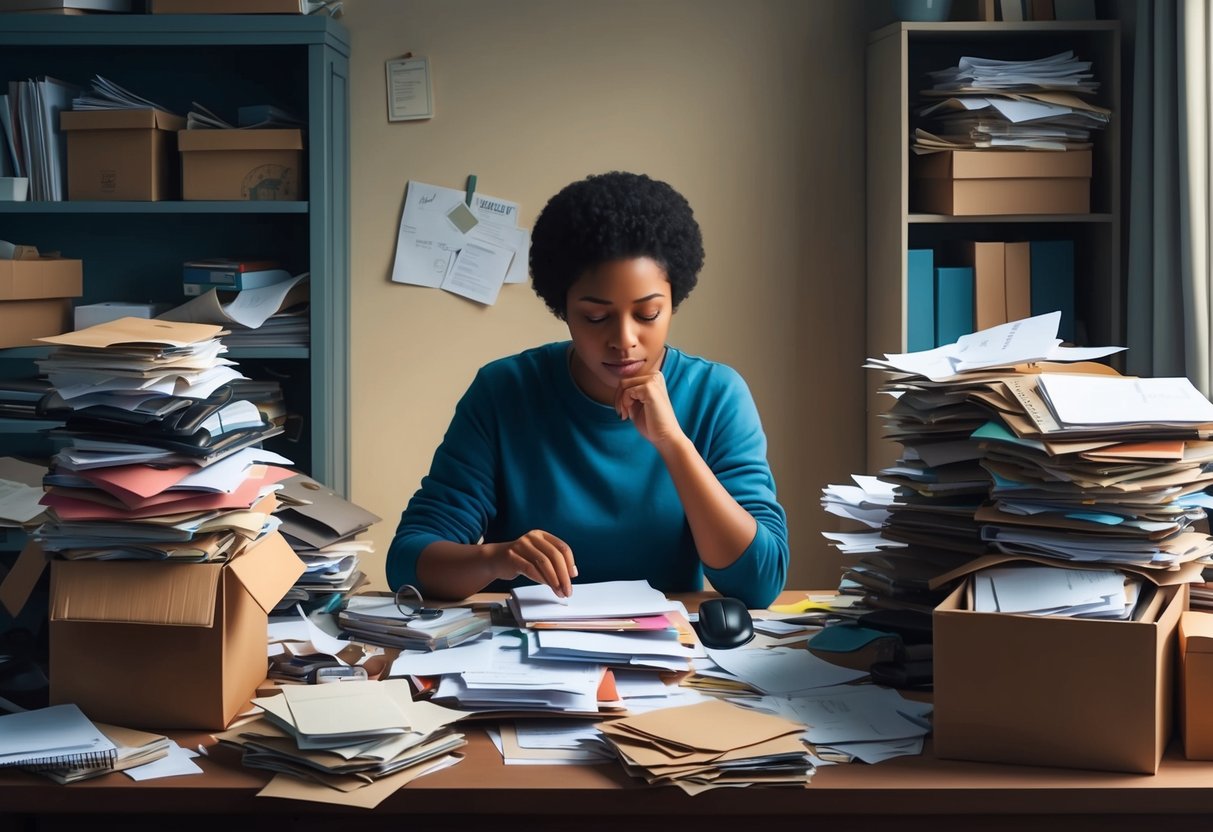 A person sitting at a cluttered desk, surrounded by piles of papers and boxes, with a thoughtful expression on their face as they sort through their belongings
