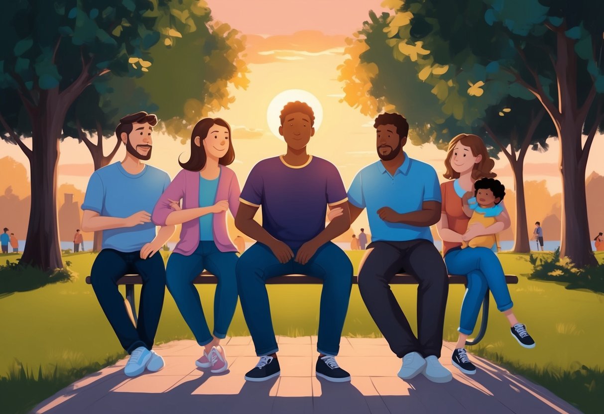 A person sitting on a park bench, surrounded by supportive friends and family, with a warm sunset in the background
