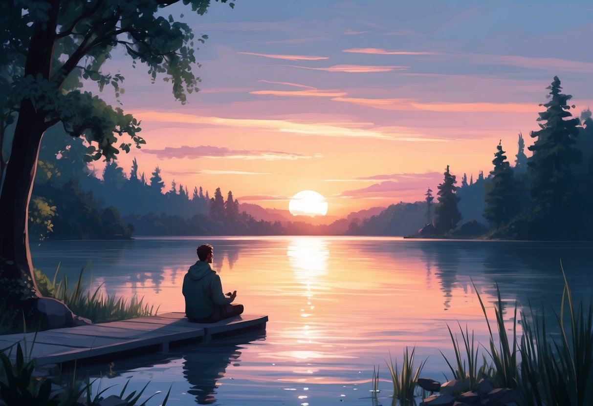A serene sunset over a tranquil lake, with a figure sitting on a dock, surrounded by nature and taking in the peaceful atmosphere