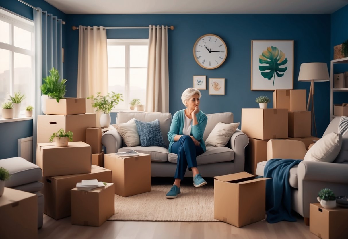 A person sitting in a cozy living room, surrounded by packed boxes and furniture, looking contemplative and reflective as they prepare for retirement downsizing