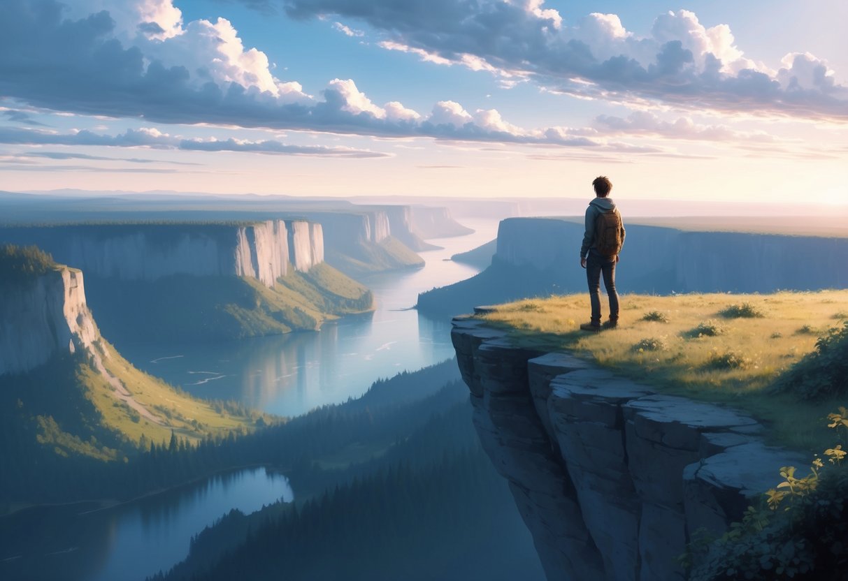 A person standing at the edge of a cliff, looking out at a vast and serene landscape with a feeling of peace and contentment