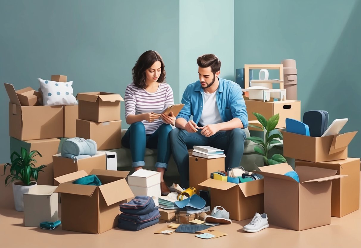 A couple sorting through belongings, deciding what to keep and what to let go, surrounded by boxes and furniture