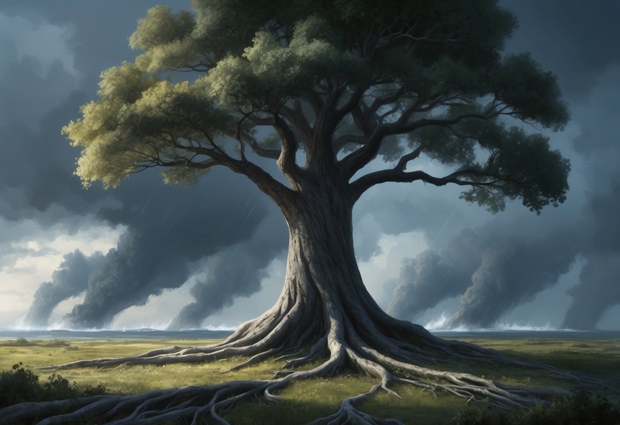 A tree with deep roots and sturdy branches, weathering storms while standing tall and unyielding