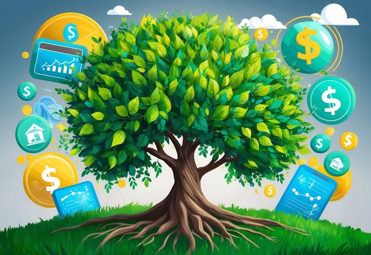 A flourishing tree with strong roots and vibrant leaves, surrounded by symbols of financial stability and growth