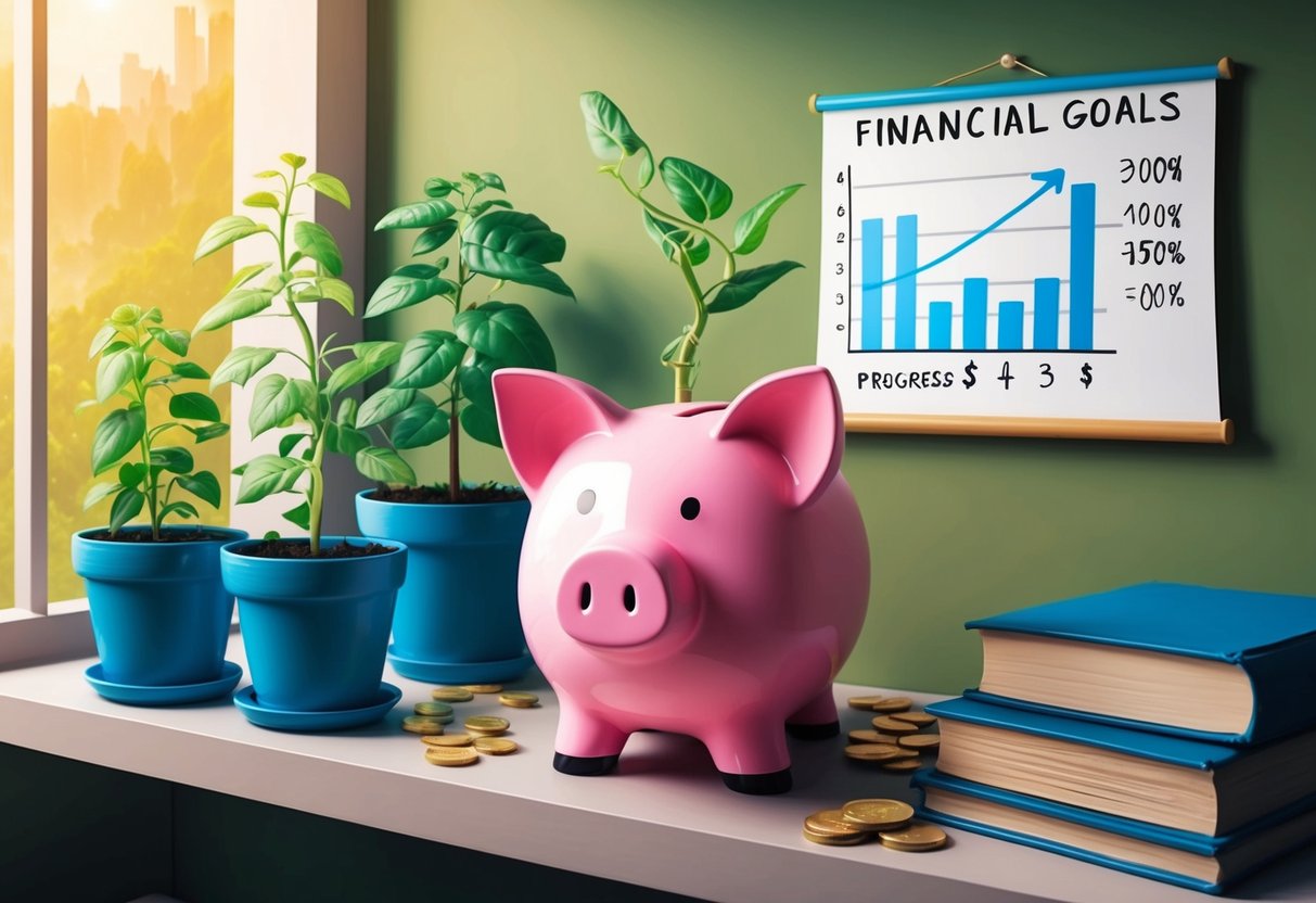 A piggy bank sits on a shelf, surrounded by growing plants and a stack of books. A chart on the wall shows progress towards financial goals