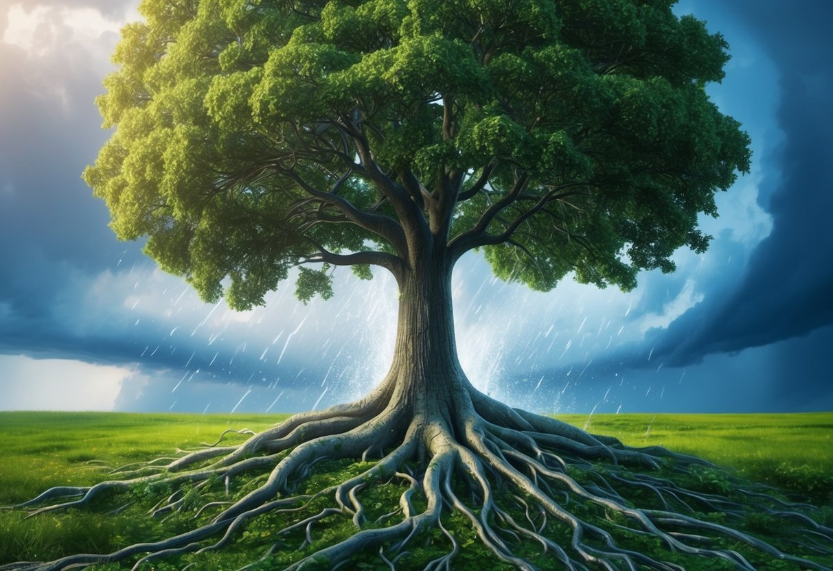 A tree with strong roots growing amidst a storm, symbolizing resilience and growth in financial knowledge