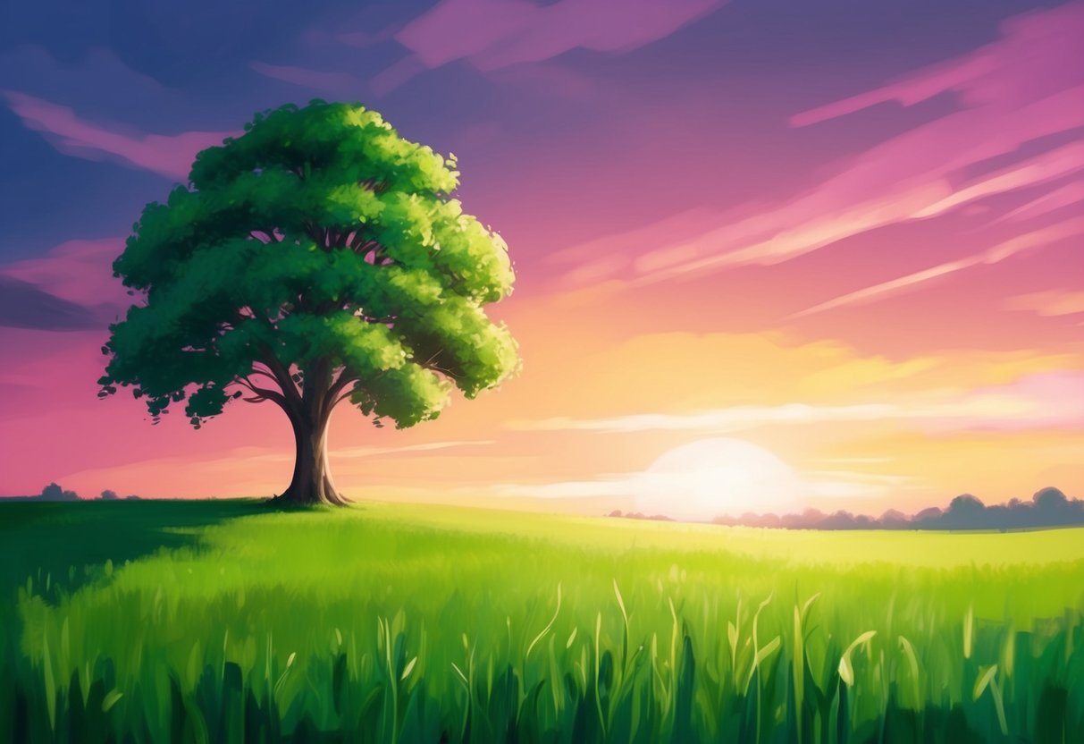 A lush, green field with a lone tree standing tall against a vibrant sunset, symbolizing long-term growth and resilience