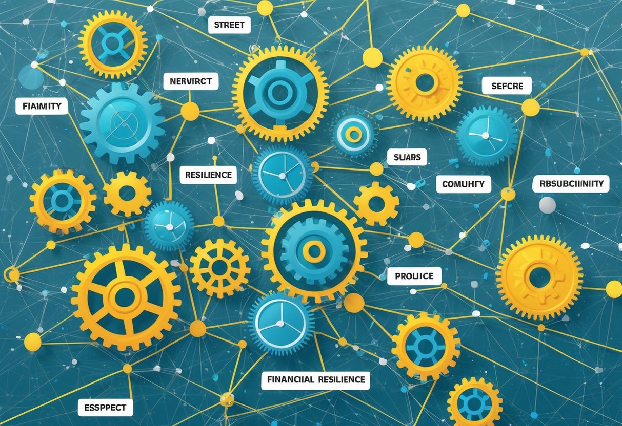 A network of interconnected gears, each labeled with a different aspect of financial resilience, turning smoothly and efficiently