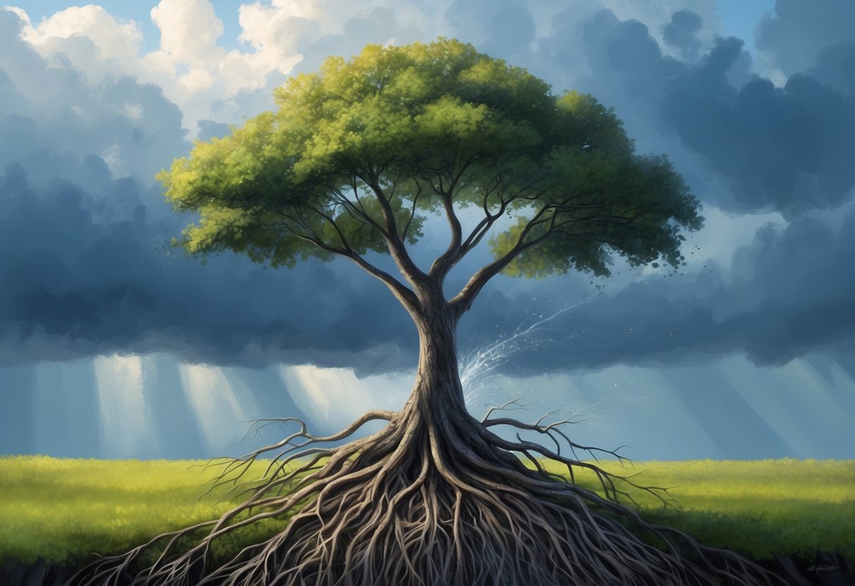A tree with deep roots surviving a storm while flexible branches bend with the wind, symbolizing resilience in the face of economic change