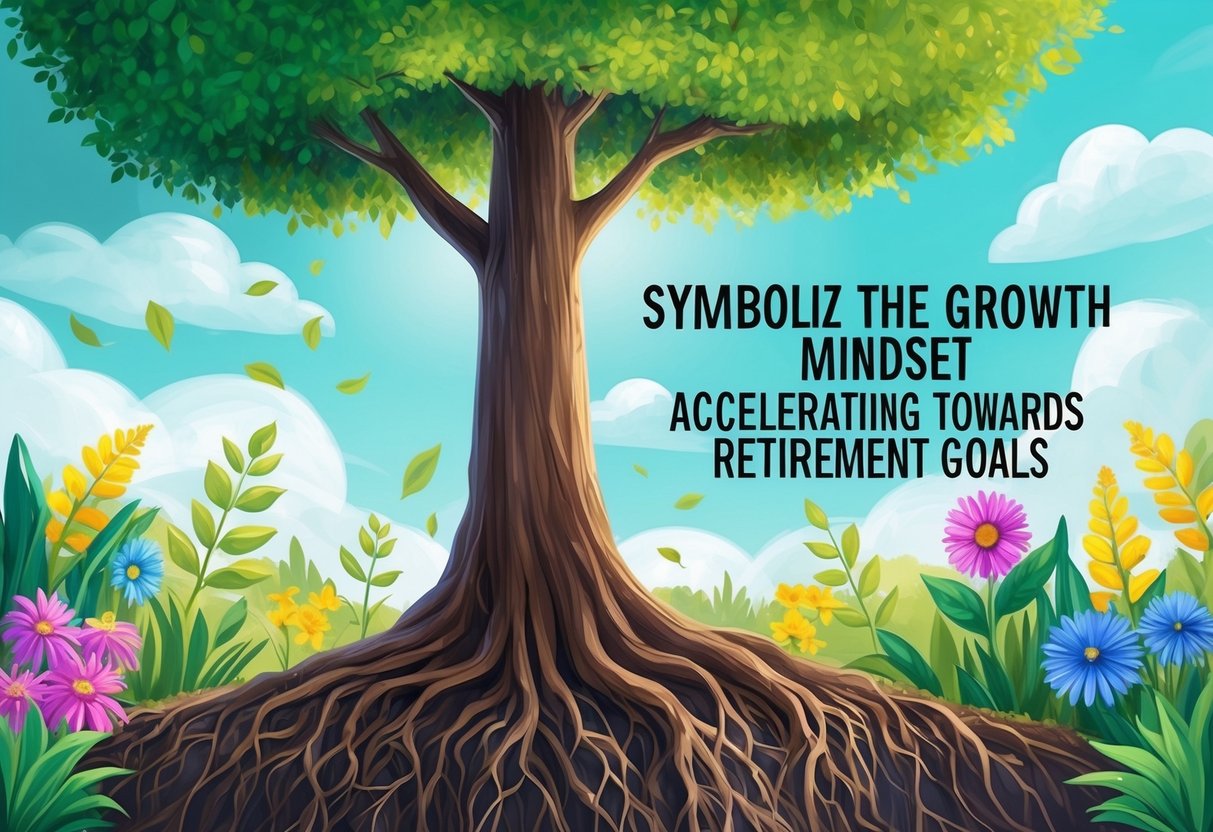 A tree growing tall and strong, with roots digging deep into the ground, surrounded by vibrant plants and flowers, symbolizing the growth mindset accelerating towards retirement goals