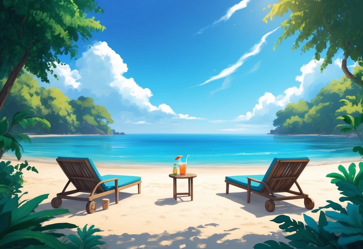 A peaceful beach with a clear blue sky, a couple of lounge chairs, and a small table with a refreshing drink, surrounded by lush greenery