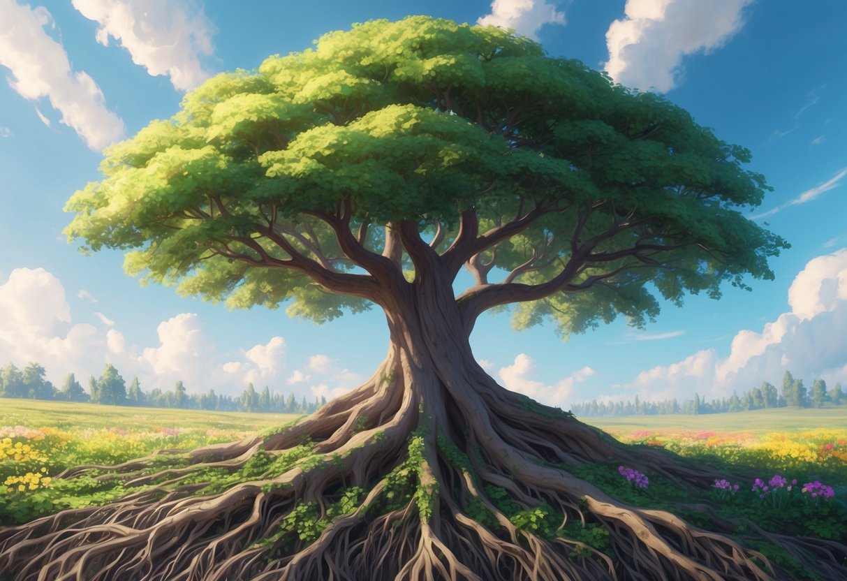 A flourishing tree with roots spreading deep into the ground, surrounded by vibrant flowers and reaching towards the open sky