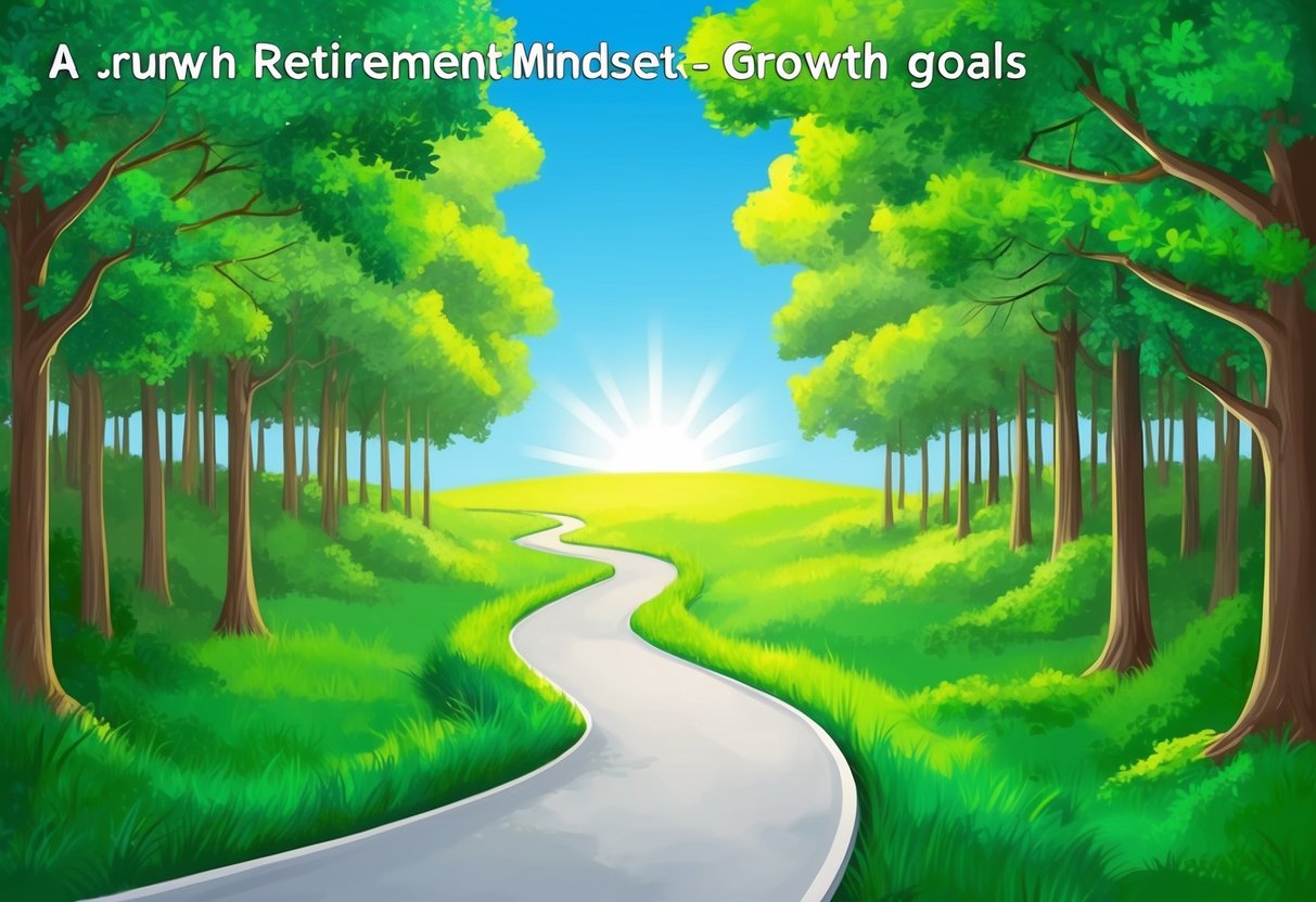 A winding path through a lush, green forest leads to a bright, open clearing with a clear blue sky, symbolizing the journey and achievement of retirement goals through a growth mindset
