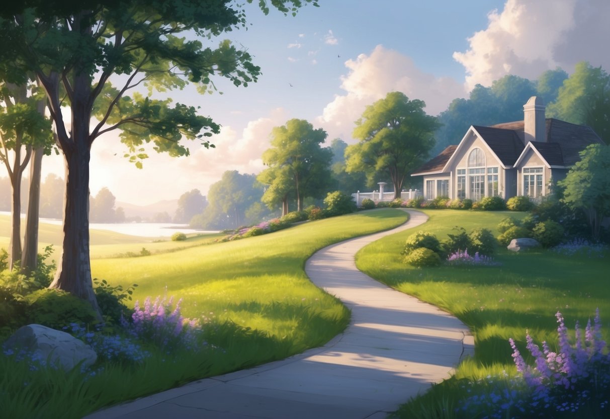 A serene landscape with a winding path leading to a peaceful retirement setting, surrounded by nature and a sense of calm