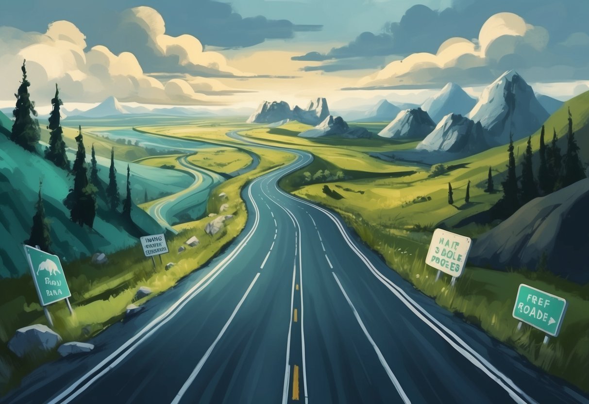 A winding road leading through changing landscapes, with obstacles and challenges along the way, but also signs of progress and growth