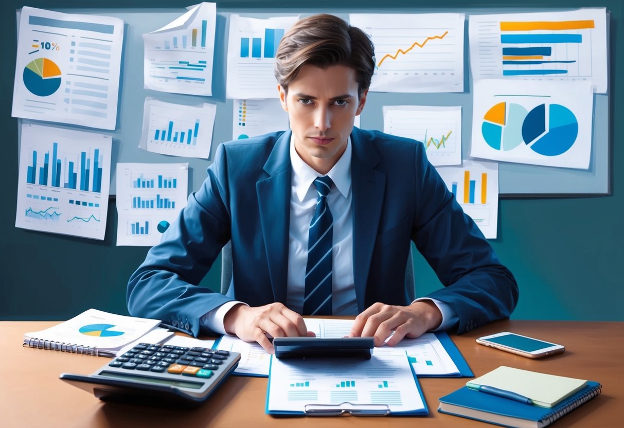 A person sitting at a desk with a calculator, financial documents, and a notebook, surrounded by charts and graphs, with a look of concentration and determination on their face