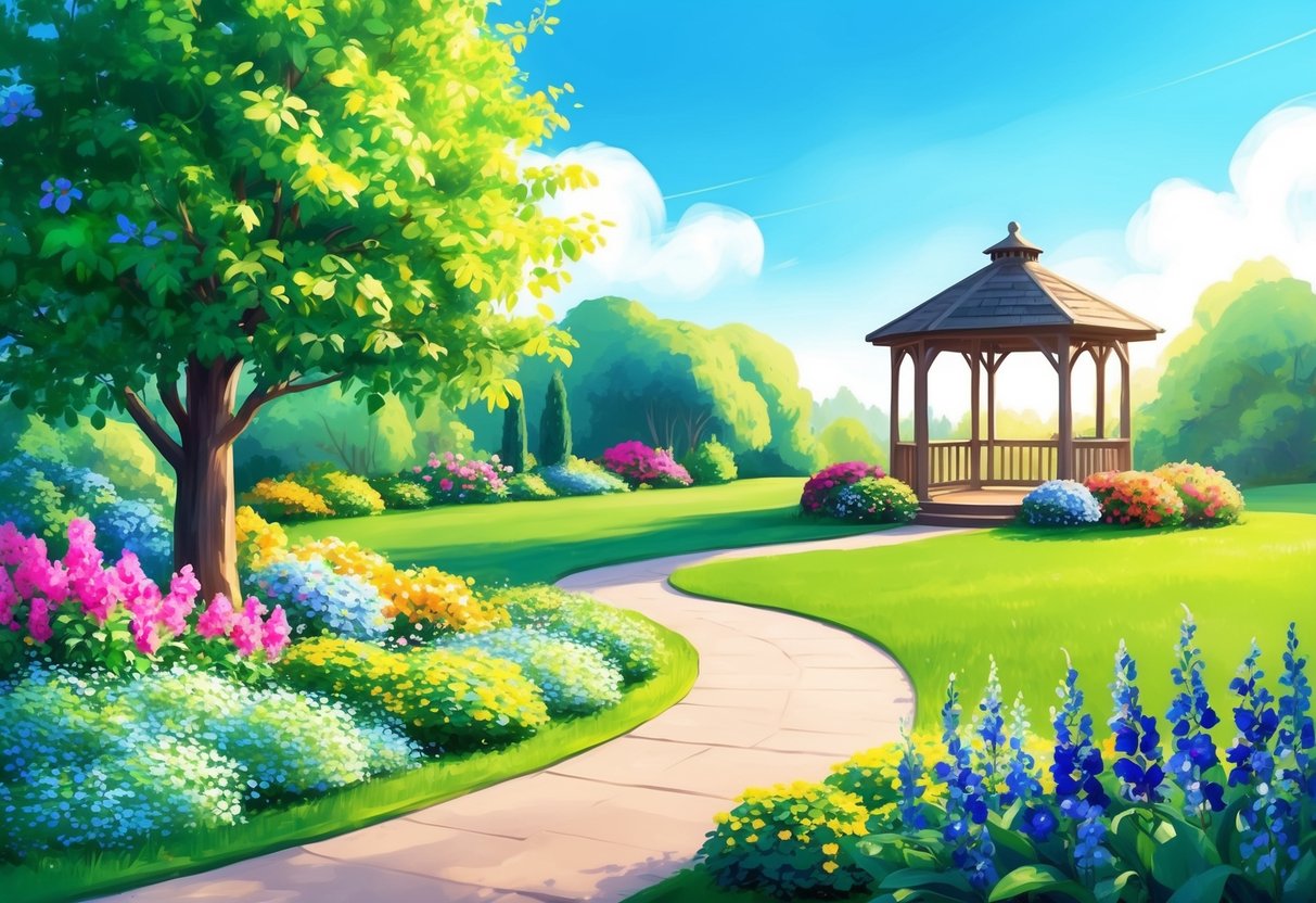A garden with vibrant flowers blooming, a winding path leading to a peaceful gazebo, and a clear blue sky overhead, symbolizing a positive outlook for retirement