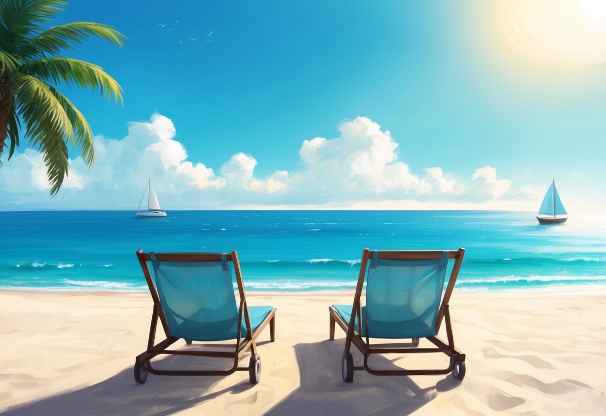 A serene, sunlit beach with a couple of lounge chairs facing the ocean, a small sailboat in the distance, and a clear blue sky overhead