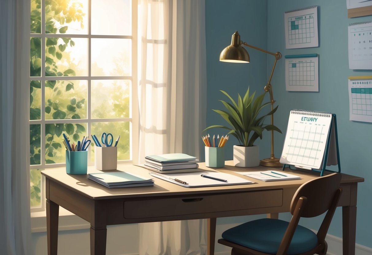 A serene, sunlit study with a desk, calendar, and financial planning materials. A relaxed atmosphere with a sense of organization and preparation for the future
