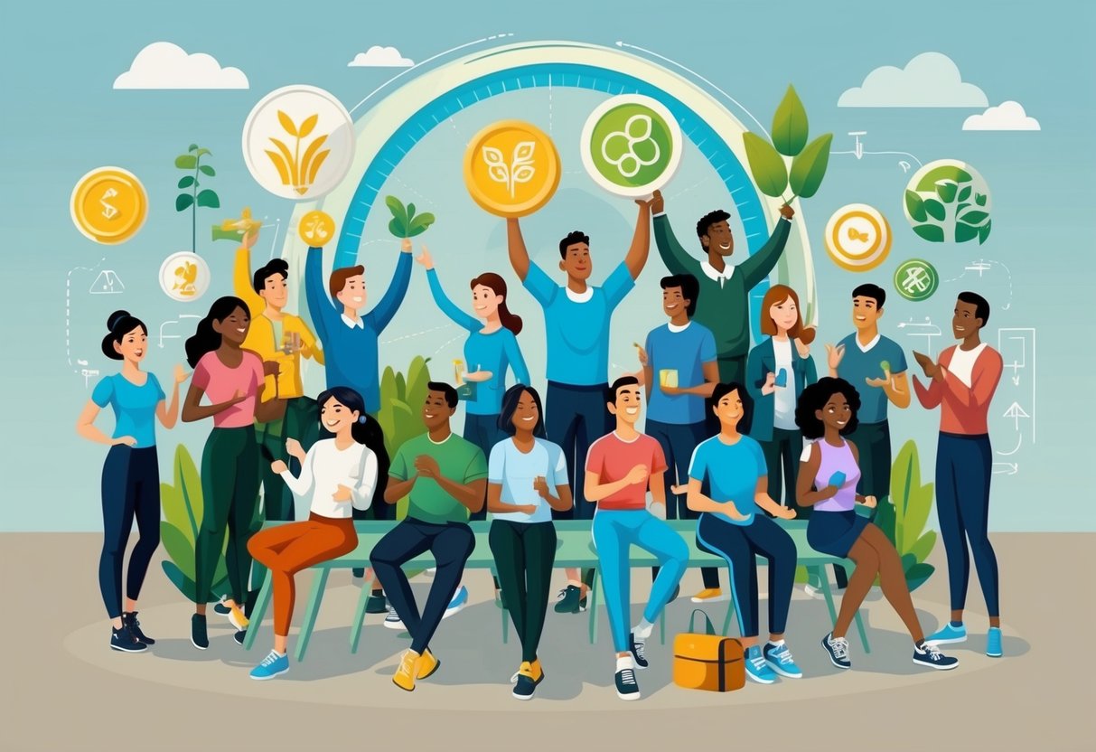 A group of diverse people engaging in various physical and social activities, surrounded by symbols of growth and progress